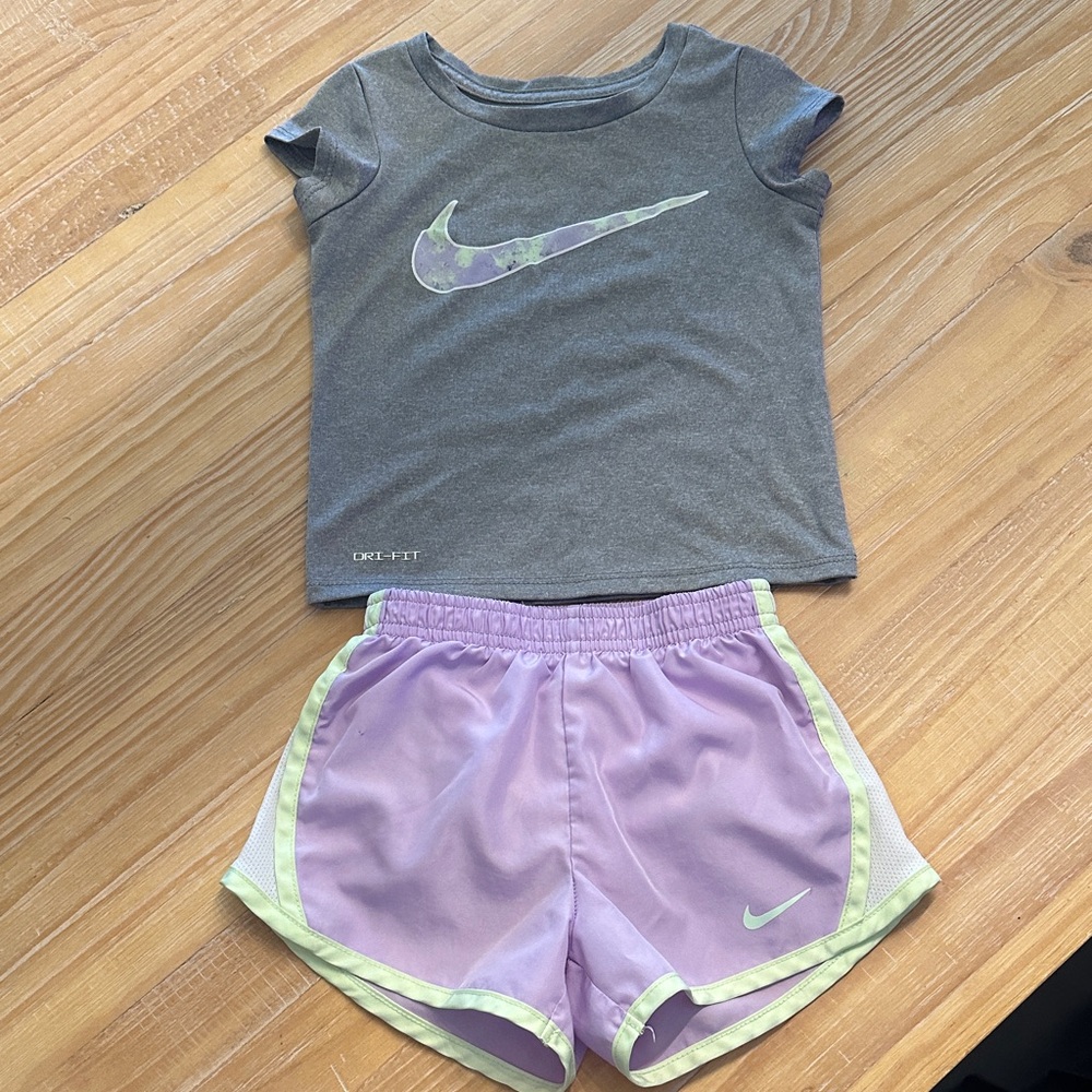 Nike Girls' Active Set - Gray Top & Lavender Shorts with Lime Trim